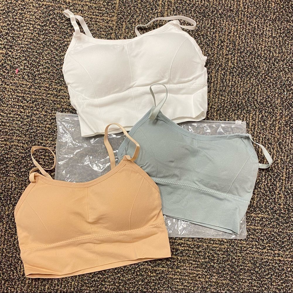 Tan, white, and grey super soft no show sports lounge comfort bras 3 pack